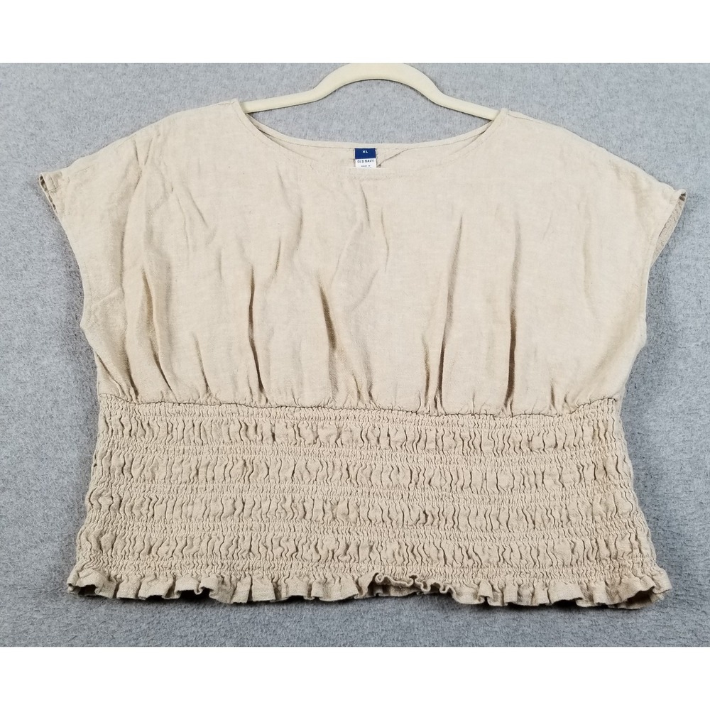 Old Navy Top Womens XL Beige Smocked Waist Linen Blend Open Back Blouse Casual